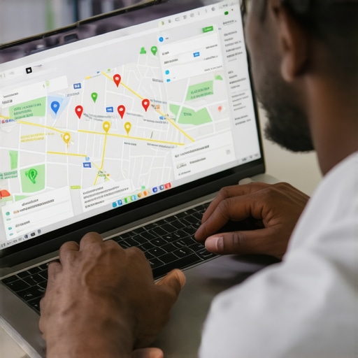 Advanced Local SEO Implementation SEO specialist working on local schema markup on a laptop with maps interface