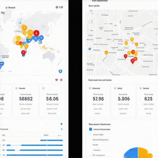 Advanced Map Data Analytics Visualization Digital map with analytics overlay showing local SEO metrics.