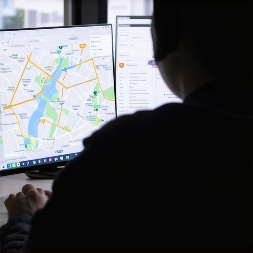 Advanced Map Management Techniques Person analyzing digital maps and SEO tools for local business visibility.