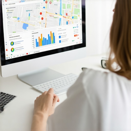 Advanced Maps SEO Support Data Analysis Person analyzing local SEO data on a computer with maps and charts.