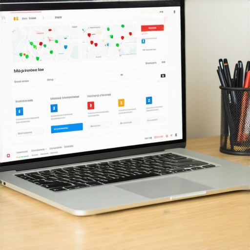 Laptop with local SEO dashboard and maps on screen, representing ongoing map support tools.
