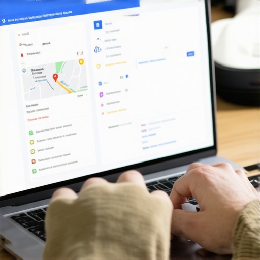Person editing business profile on laptop with maps and analytics