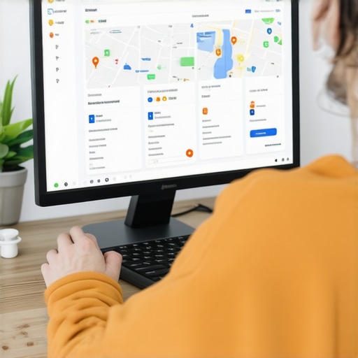 Person working on Google My Business profile on a laptop with charts and maps.