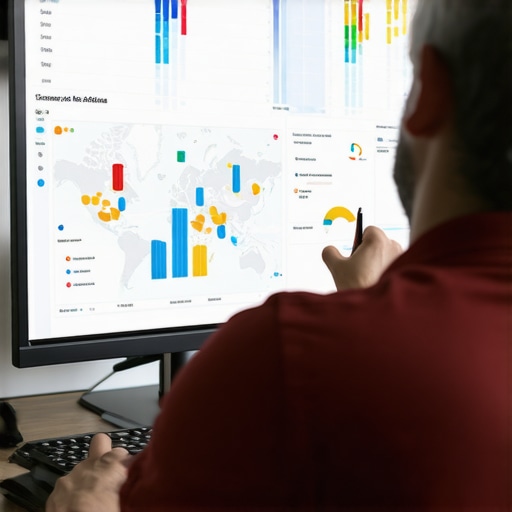 Analyzing Map SEO Data Business owner reviewing local SEO metrics on a laptop, focusing on maps and ranking data
