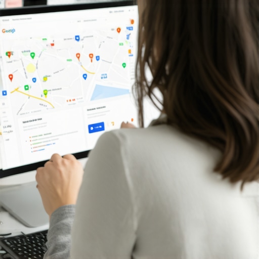 A professional reviewing maps SEO metrics on a desktop computer