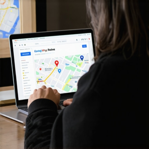 Individual optimizing Google Maps listing on laptop with SEO tools.