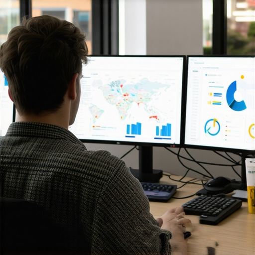 Analyzing Local SEO Data with Advanced Tools A professional reviewing local map rankings and SEO analytics on screens.