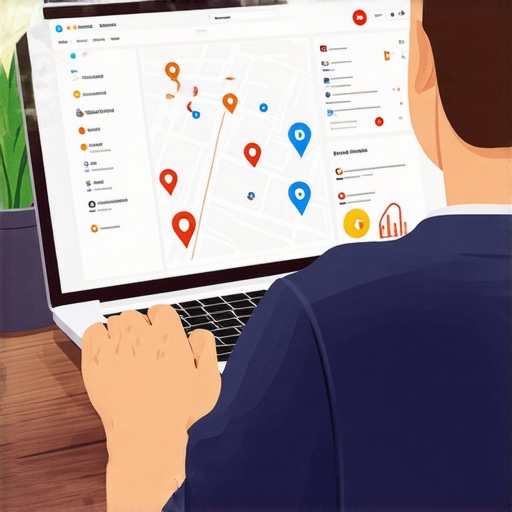 Business owner optimizing Google Maps listing Business owner updating Google Maps profile on laptop with map pins and analytics charts
