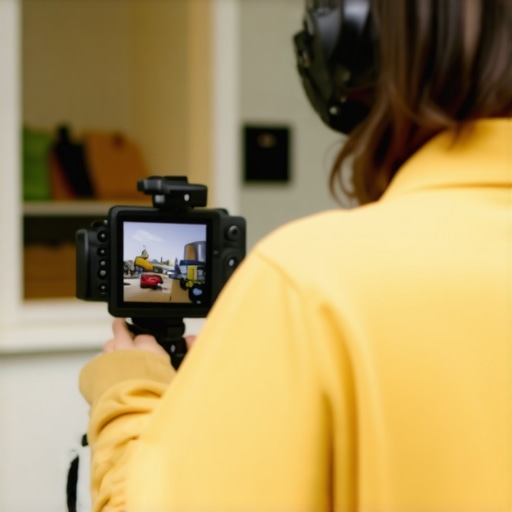 Person filming a business storefront with a camera on a tripod in a well-lit environment