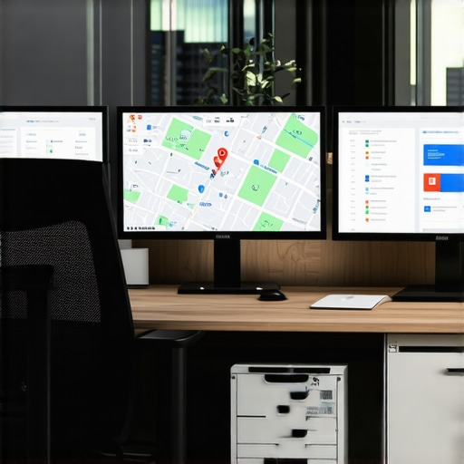 A workspace with screens showing maps and SEO tools for support and maintenance.