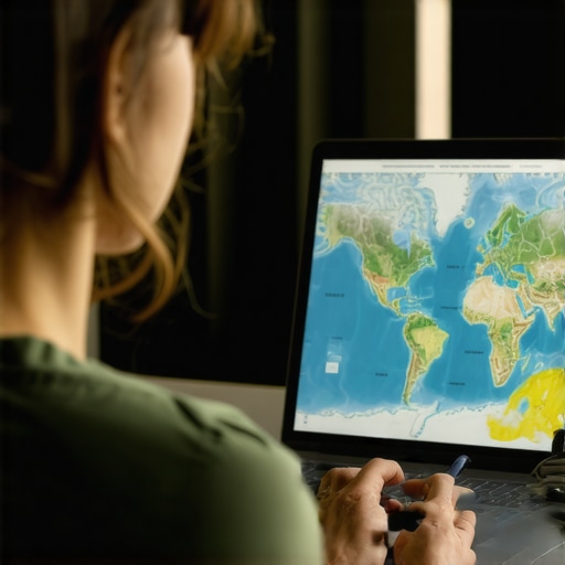Person reviewing digital maps on a laptop, focusing on map data quality.