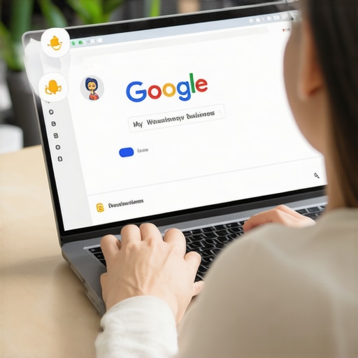 Proactive Map Management Person updating Google My Business dashboard with icons of reviews, photos, and settings.