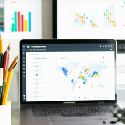 SEO Workspace with Maps Analytics Tools A desk setup showing SEO software and charts analyzing Google Maps performance.