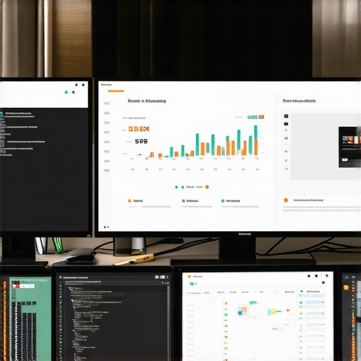 A professional SEO workspace with monitors showing maps support and ranking data.