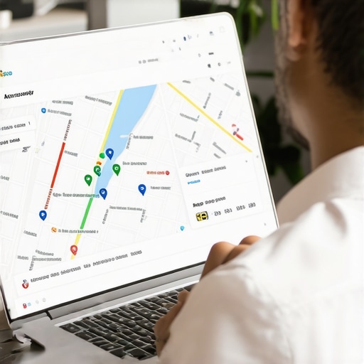 Business owner analyzing map data on a laptop showing Google Maps interface.