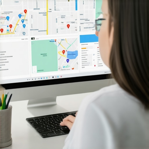 Person reviewing SEO map analytics on a computer with maps and graphs.