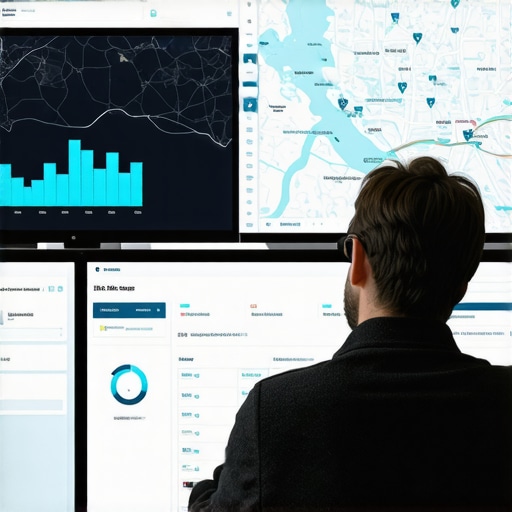 Person reviewing digital maps and SEO analytics on multiple screens for local business support