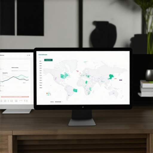 A workspace with computer screens displaying local SEO dashboards and maps management tools