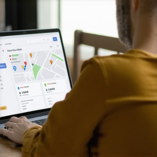 Business owner editing Google Maps listing on laptop with checklist and analytics