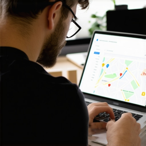 Business owner editing Google Maps listing on laptop within an office.