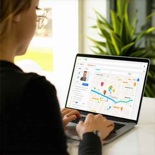Business owner analyzing and updating Google Maps profile on laptop for better local SEO.