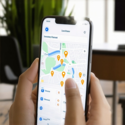 Person managing map SEO tools on a smartphone, highlighting analytics and map data management